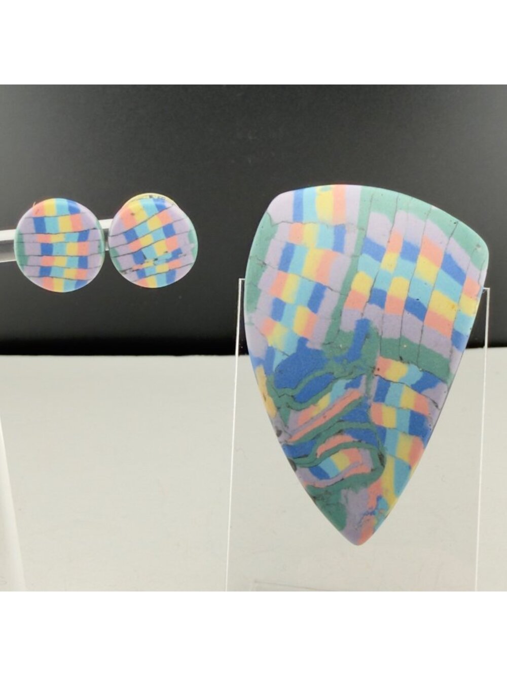 Vintage Pastel Color Block Brooch Earrings Set Abstract Plastic Statement Retro